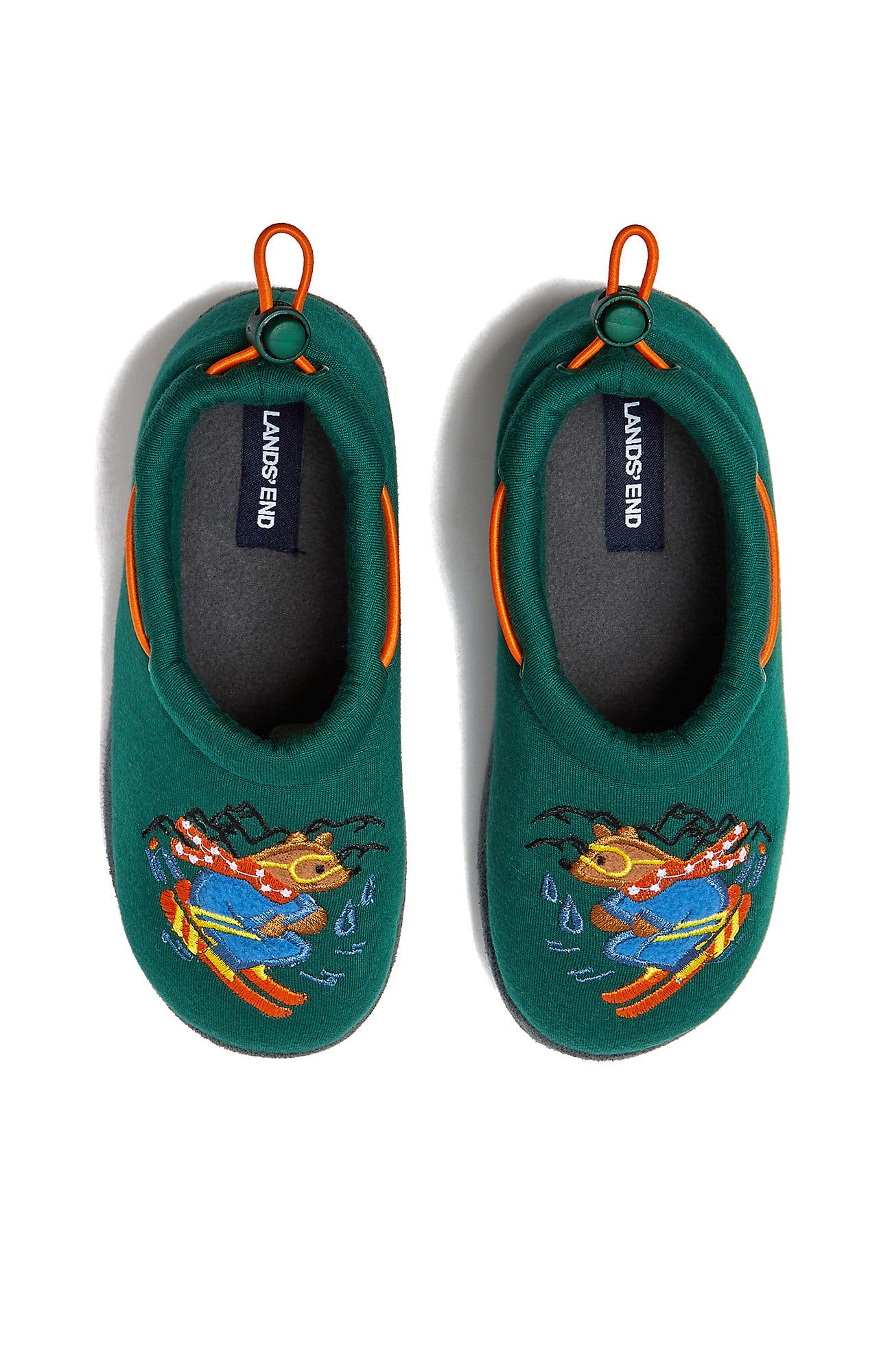 Lands' End Kids Sweet Dreams Adjustable Toggle Fleece Lined Slippers, Alternate, color, Deep Forest Skiing Bears