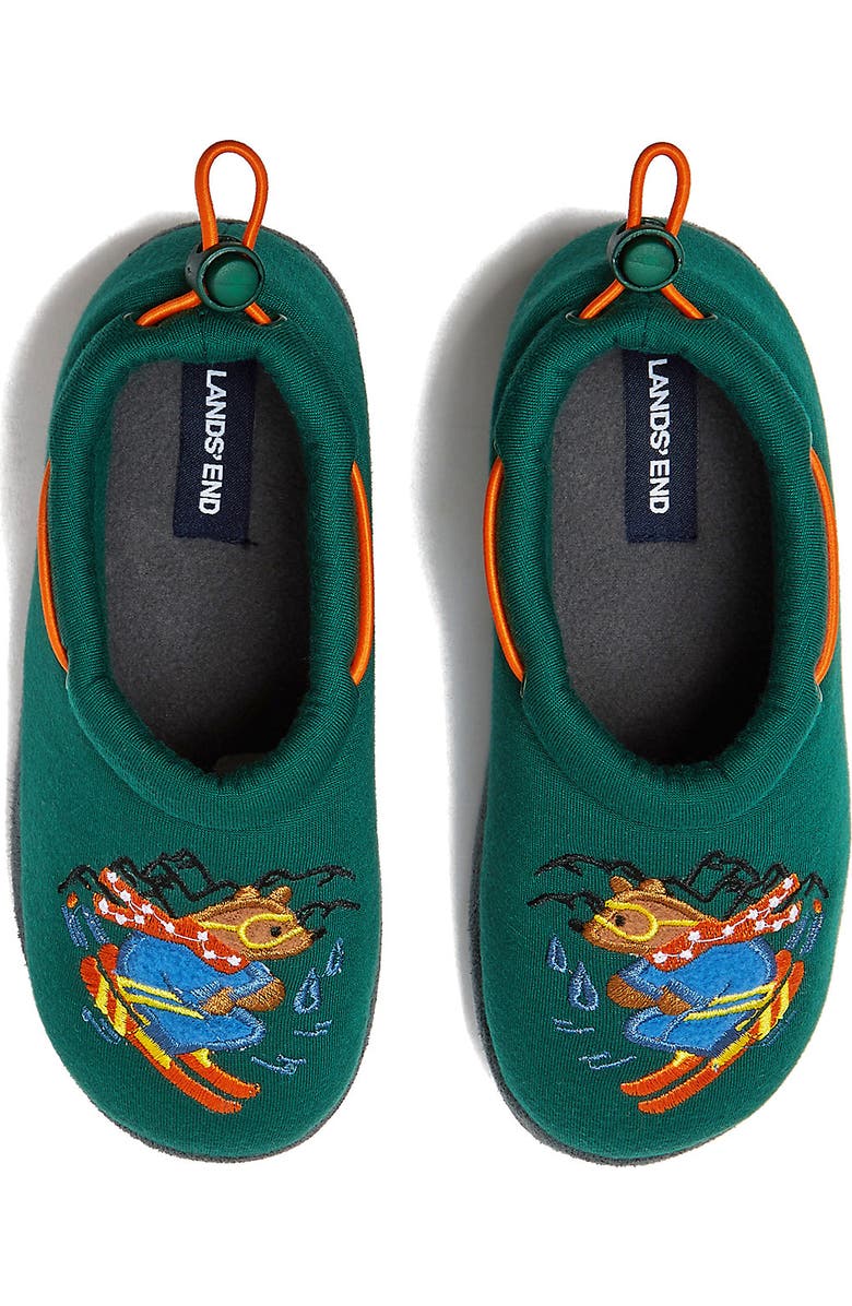 Lands' End Kids Sweet Dreams Adjustable Toggle Fleece Lined Slippers, Alternate, color, Deep Forest Skiing Bears