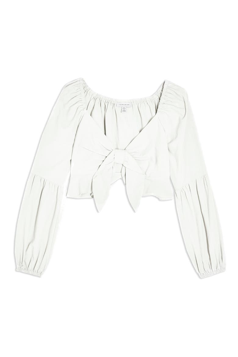 Knot Front Frill Crop Blouse, Alternate, color, IVORY