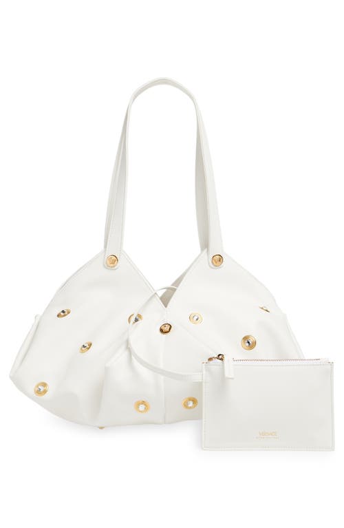 Versace Protea Crystal Stud Leather Shoulder Bag In Porcelain White Gold