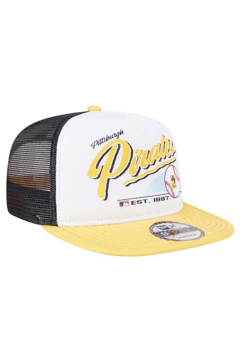 Men's New Era White/Gold Pittsburgh Pirates Retro Script Trucker 9FIFTY Snapback Hat, Alternate, color, White