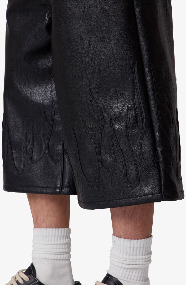 mnml Ultra Baggy Flame Appliqué Faux Leather Shorts, Alternate, color, Black