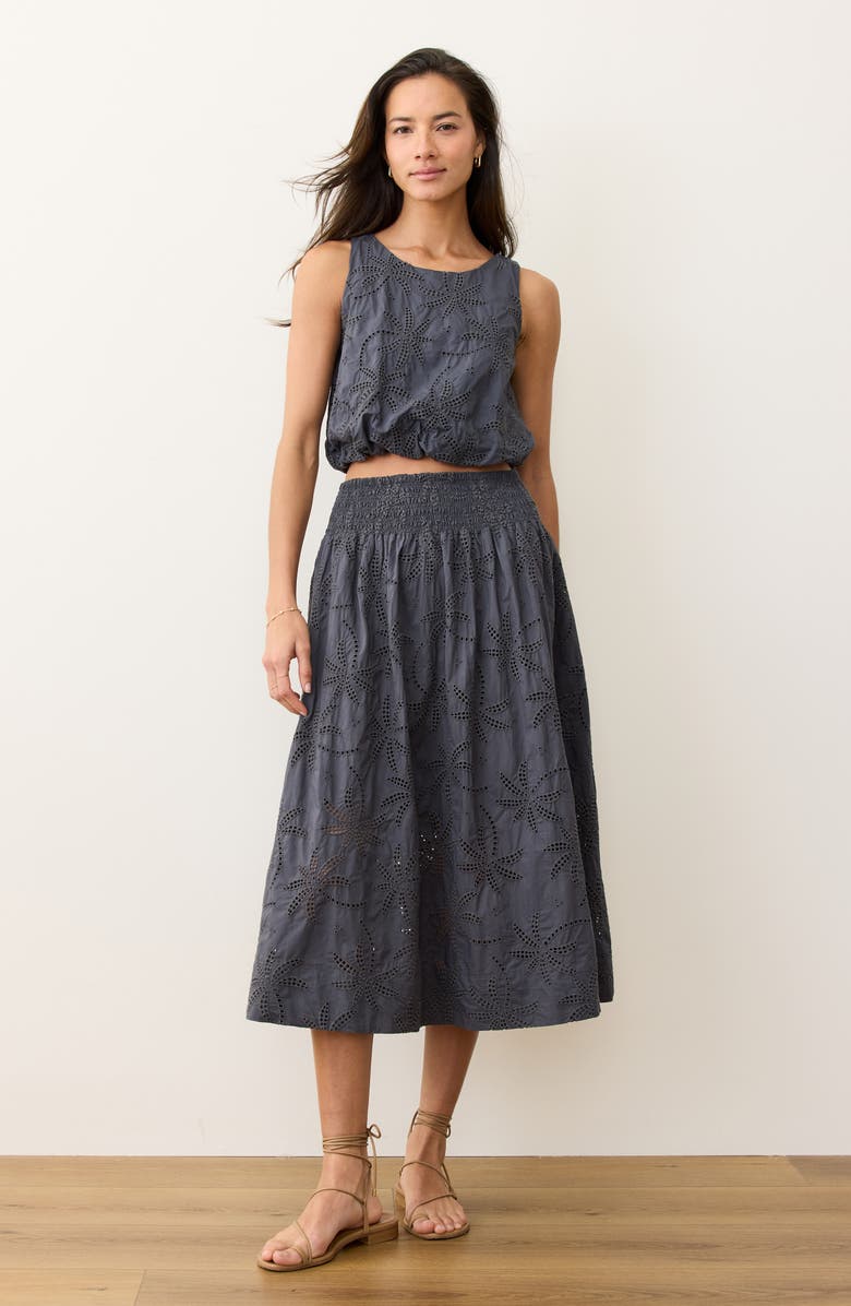 Marine Layer Sage Embroidered Eyelet Bubble Crop Tank, Alternate, color, Indigo