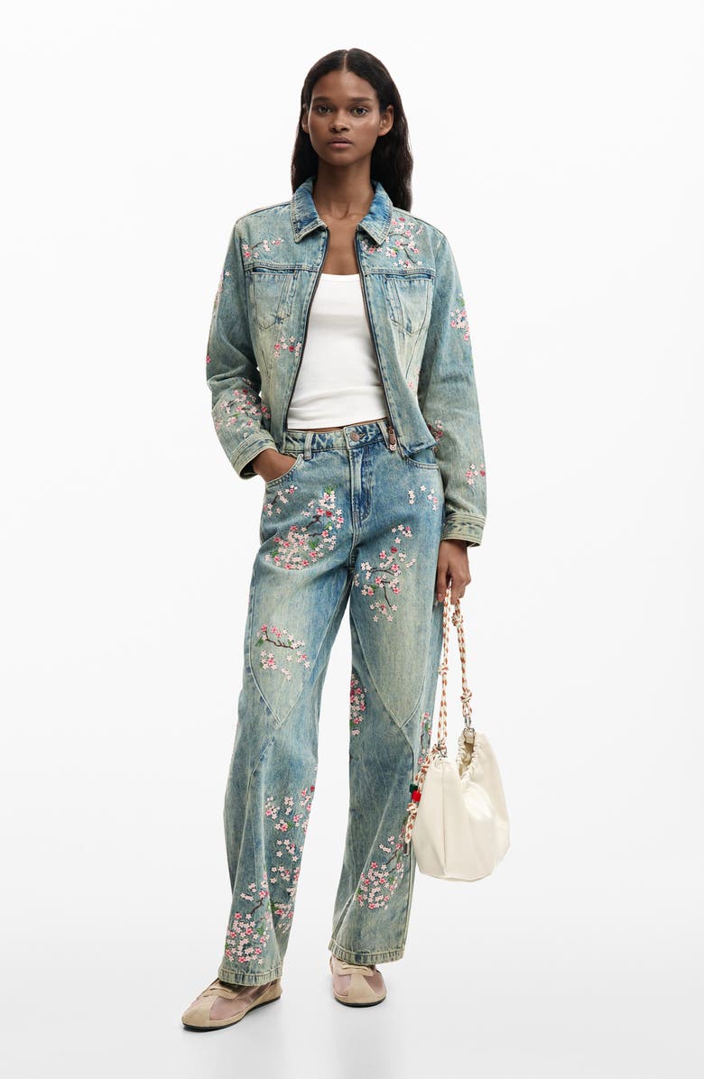 Desigual Floral Embroidery Straight Leg Jeans, Alternate, color, Medium Blue