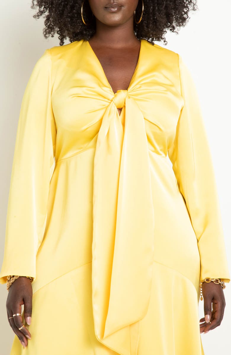 ELOQUII Tie Front Long Sleeve Satin Maxi Dress, Alternate, color,