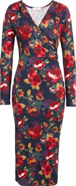 Loveappella Floral Long Sleeve Faux Wrap Midi Dress