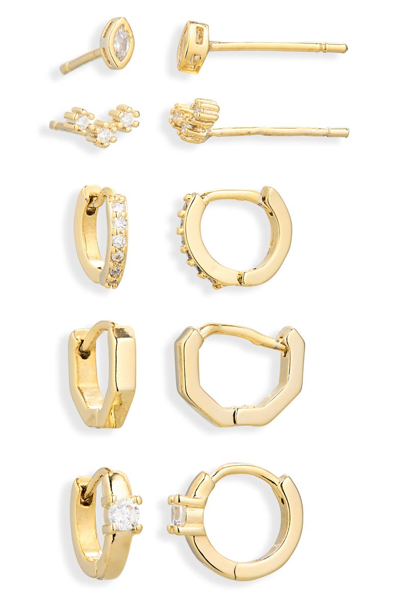 Set of 5 Cubic Zirconia Stud & Huggie Hoop Earrings, Alternate, color, CLEAR- GOLD