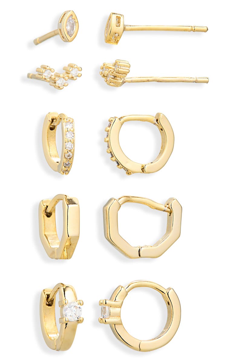 Leith Set of 5 Cubic Zirconia Stud & Huggie Hoop Earrings, Alternate, color, Clear- Gold