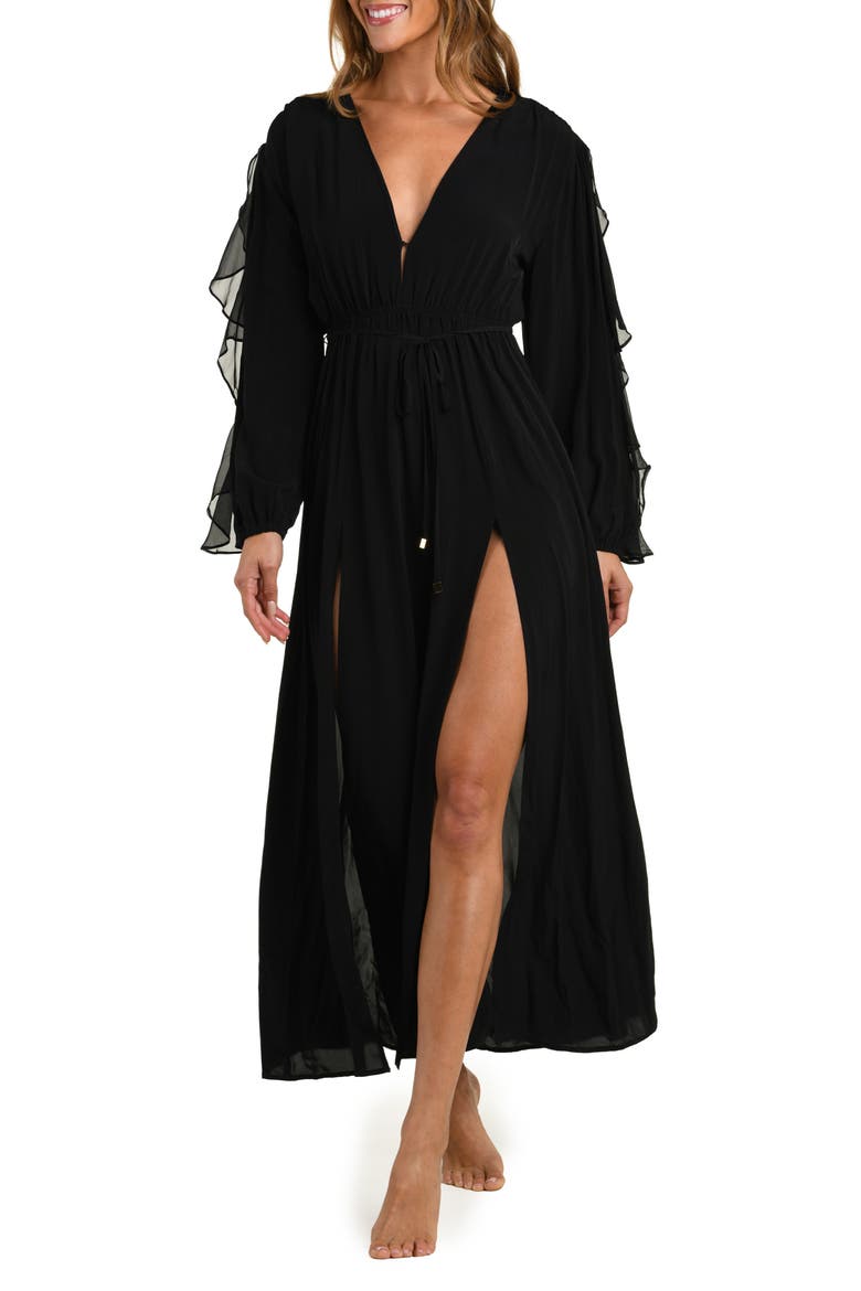 Sara Ruffle Long Sleeve Chiffon Cover-Up Maxi Dress, Main, color, BLACK