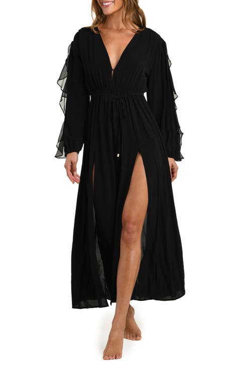 Sara Ruffle Long Sleeve Chiffon Cover-Up Maxi Dress