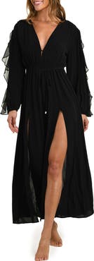 L'AGENCE Sara Ruffle Long Sleeve Chiffon Cover-Up Maxi Dress
