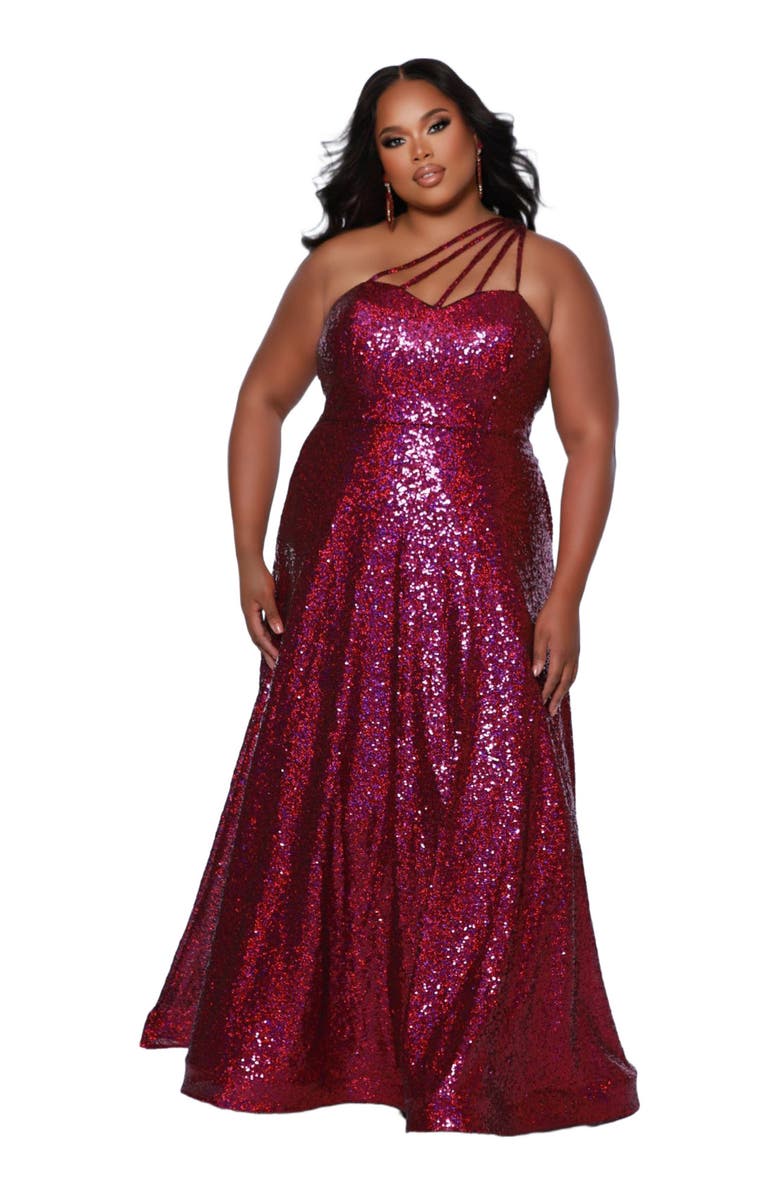 Sydney's Closet Sequin A-Line One-Shoulder Plus Size Gown, Alternate, color, Magenta