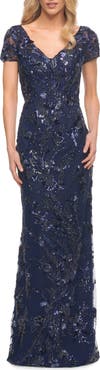La Femme Stunning Beaded Long Gown with V Neckline