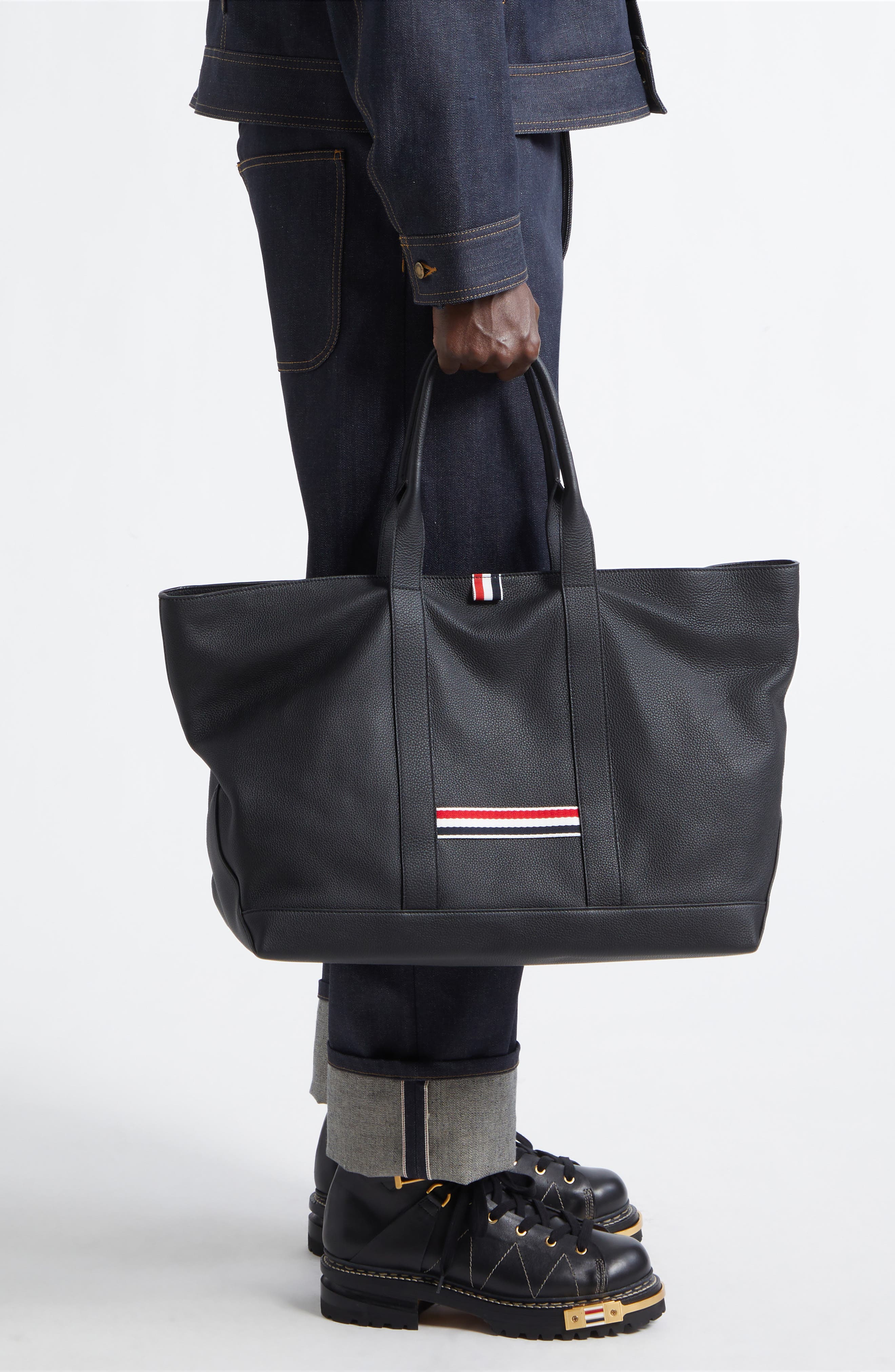 Thom Browne Medium Tool Leather Tote, Alternate, color, Black