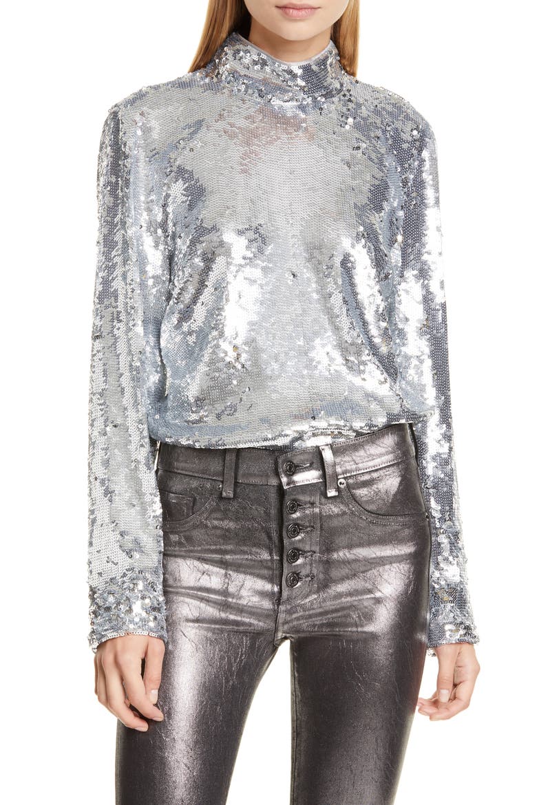 Lucinda Sequin Mock Neck Long Sleeve Top, Main, color, SILVER