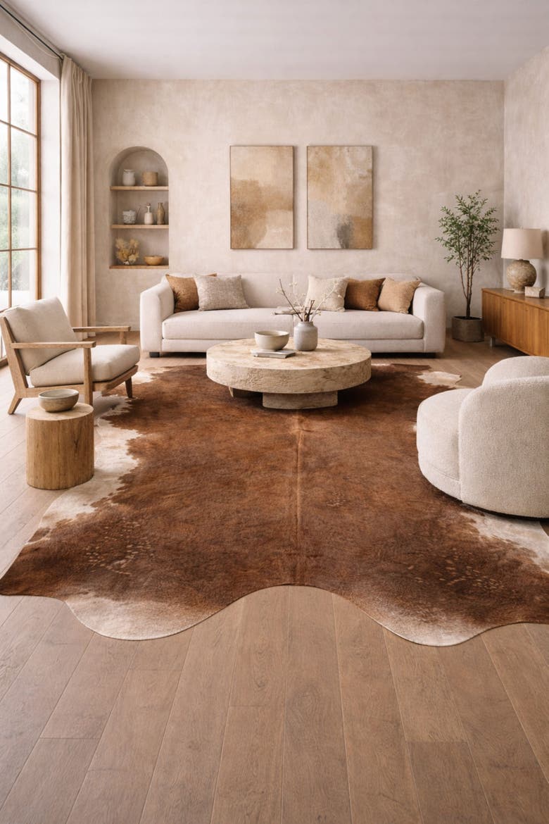 Eco Hides RH Rugs Gisselle Brown and White Cowhide Rug 7'6" × 6'6", Alternate, color, Brown and White