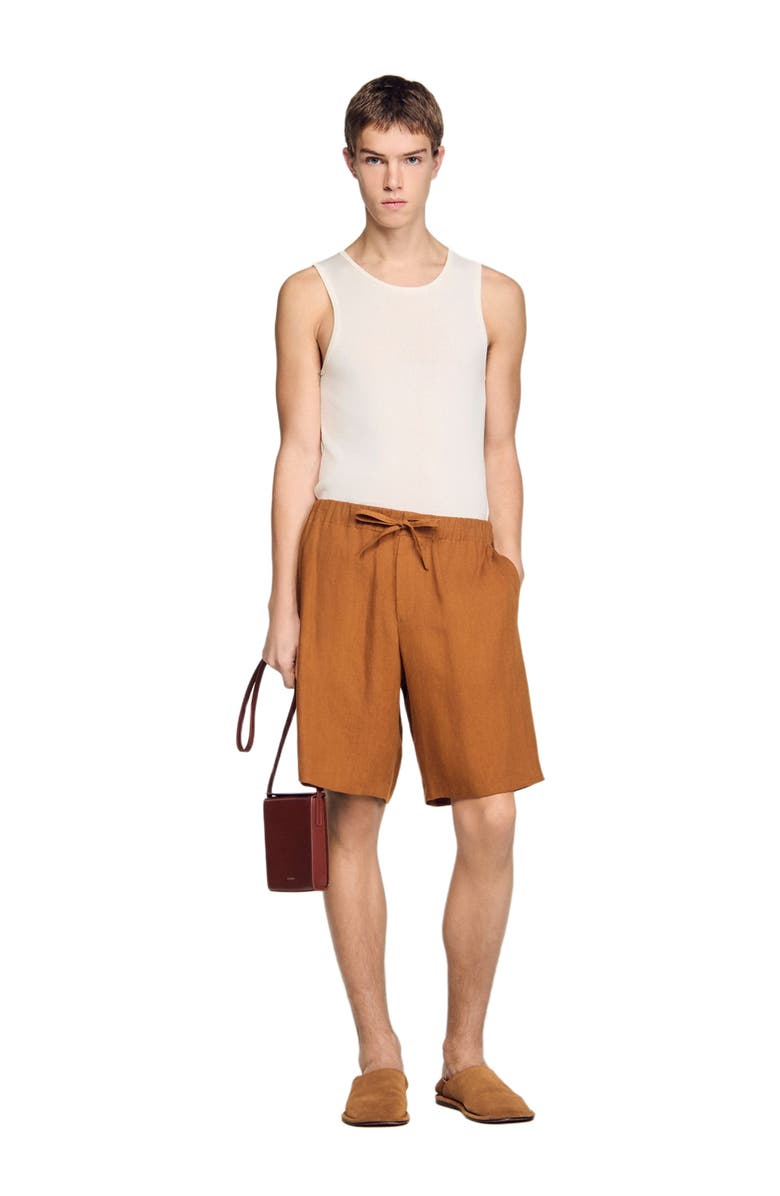 SANDRO Elastic waist linen shorts, Alternate, color, Whisky