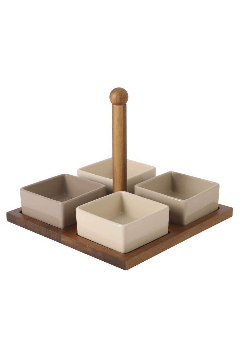 Gracious Dining 4-Piece Stoneware Tidbit, Condiment & Dip Dish Set with Acacia Wood Tray, Main, color, Taupe