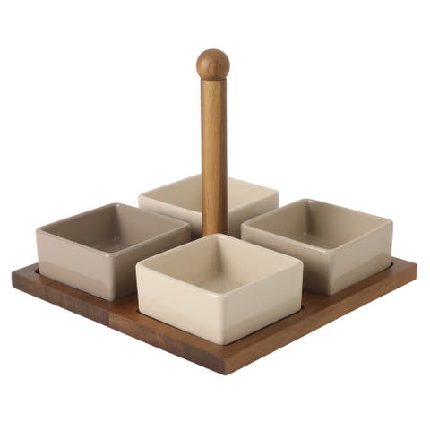 Gracious Dining 4-Piece Stoneware Tidbit, Condiment & Dip Dish Set with Acacia Wood Tray