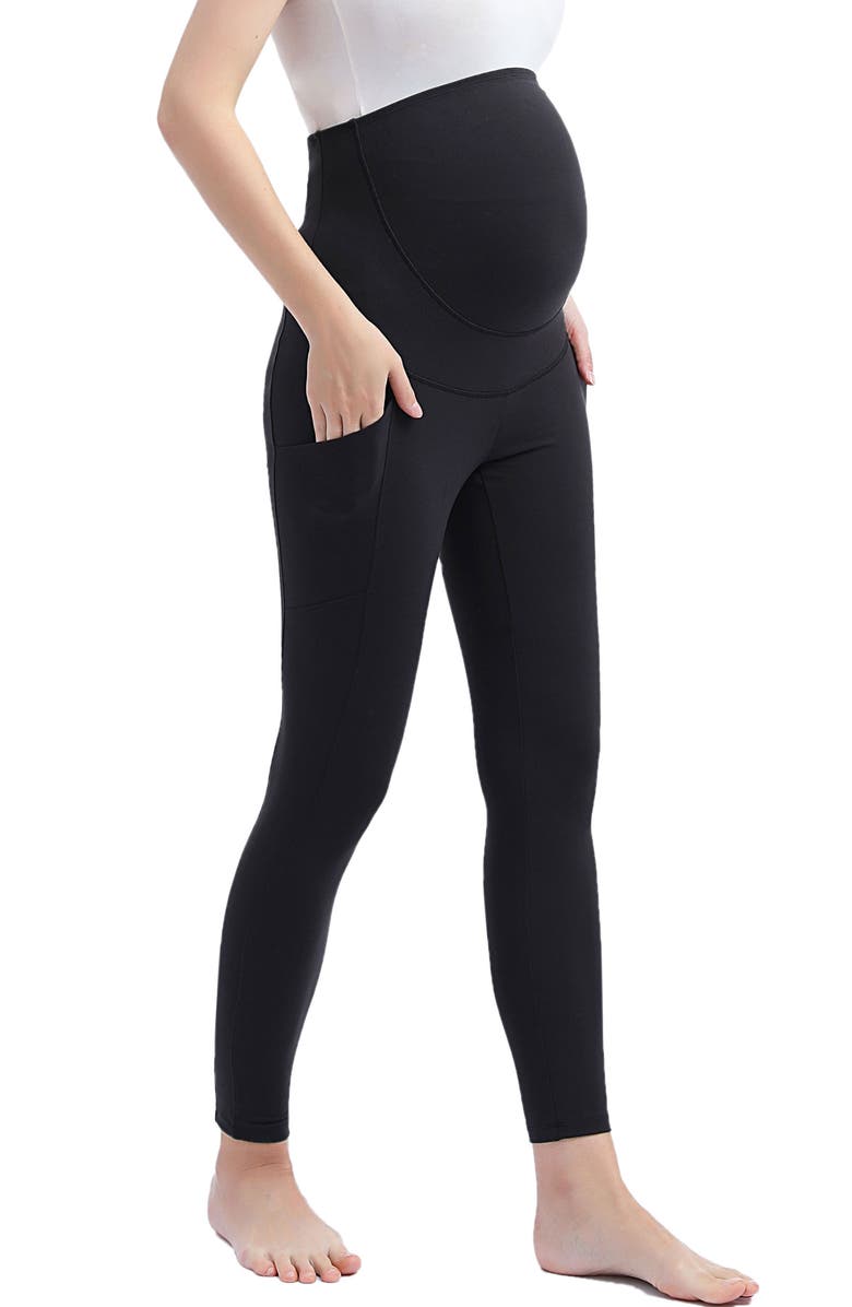 Kimi & Kai Sol Belly & Back Support Pocket Maternity Leggings, Main, color, Black