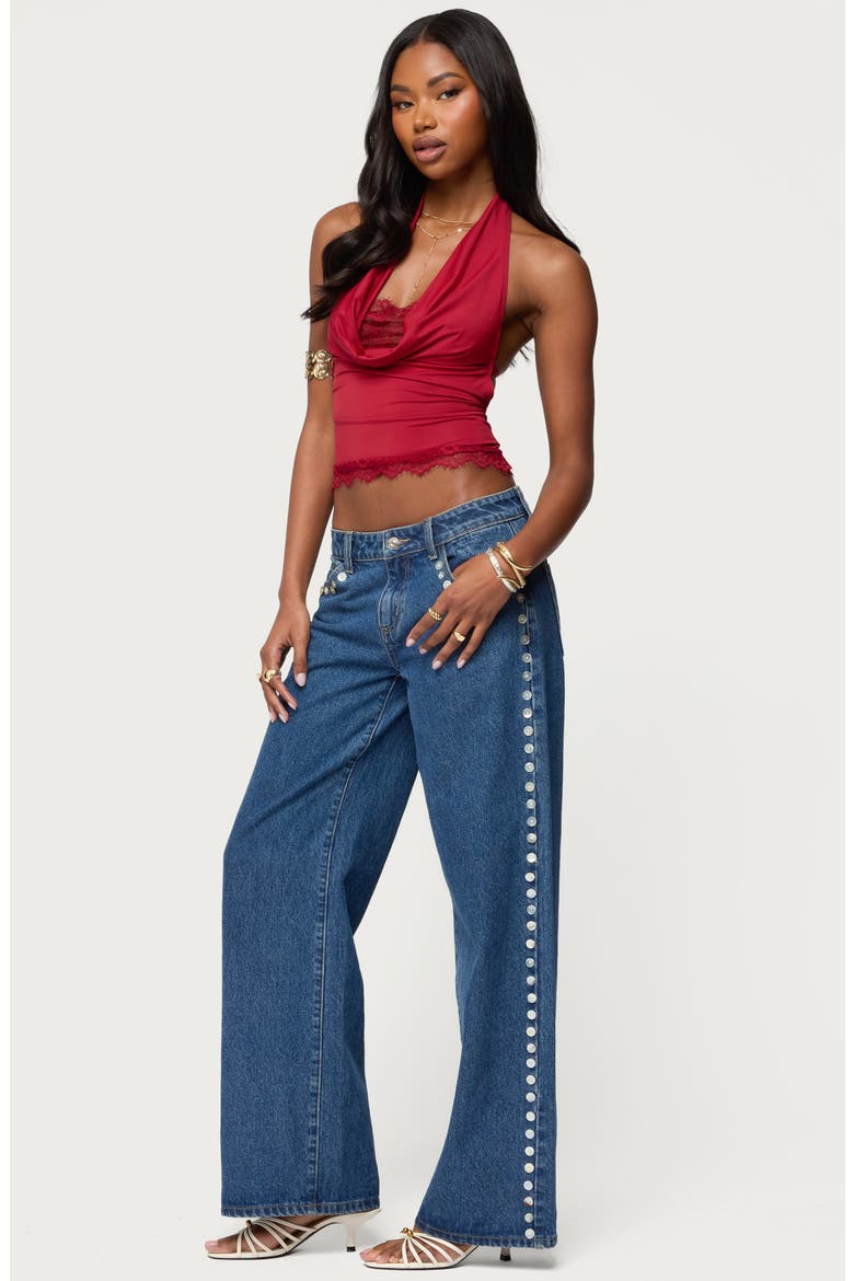 Lacy Cowl Neck Halter Top, Alternate, color, RED