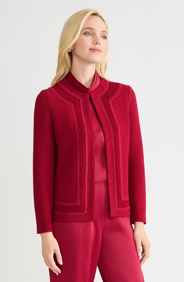 Misook Hertiage Tonal Crochet Trim Knit Jacket, Alternate, color, Scarlet Red