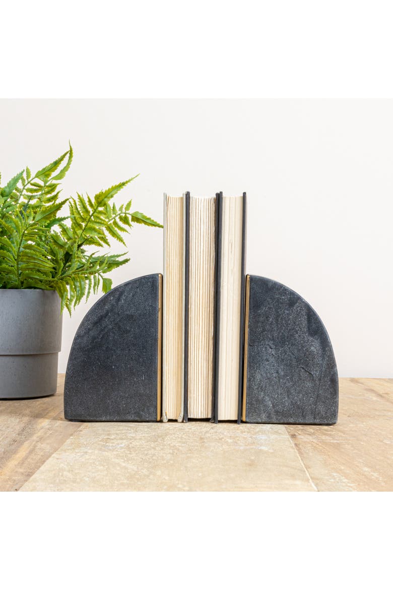 Boho Arched Semicircle Marble Bookends with Brass Detail, Set of 2, Black, Alternate, color, Black