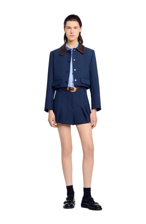 Cropped jacket with leather collar