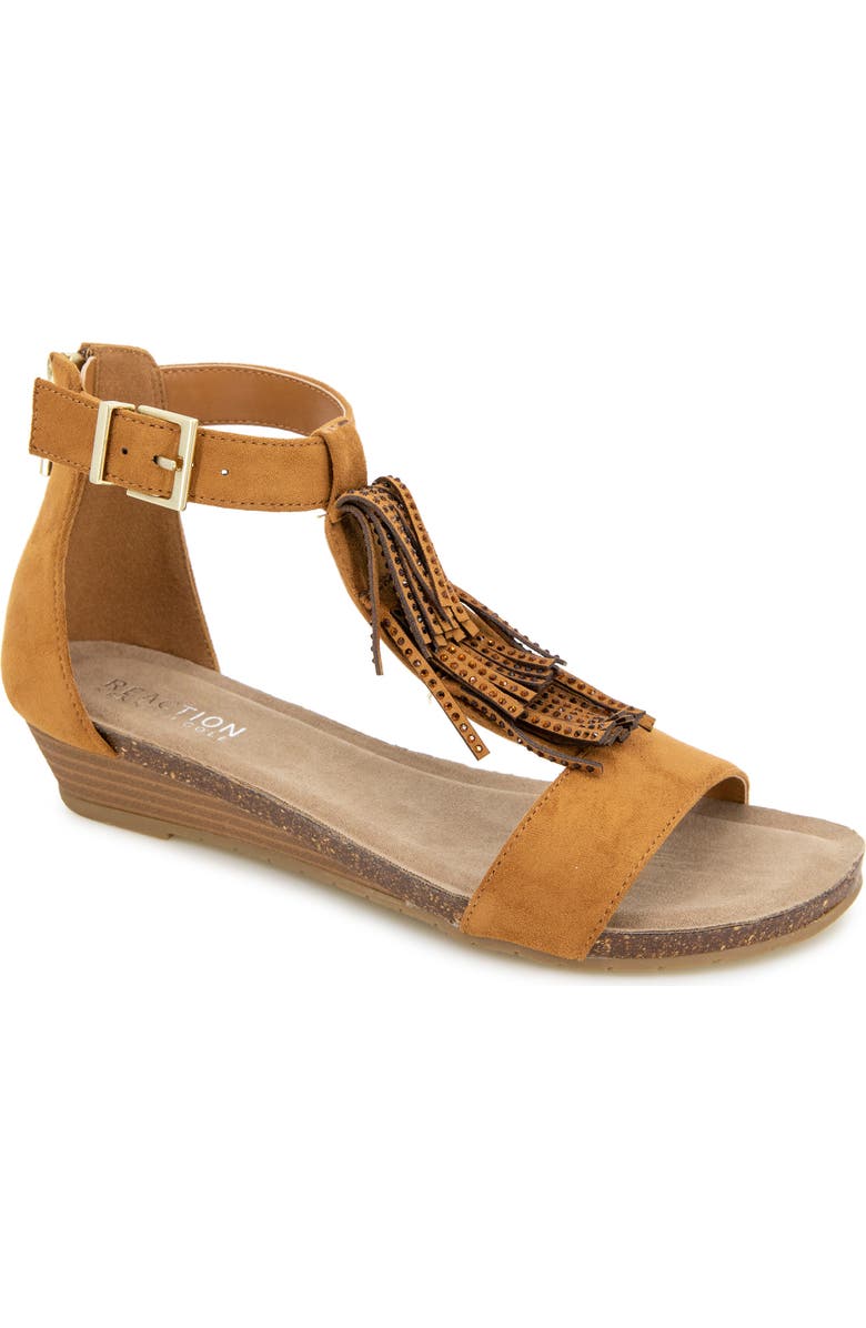 Reaction Kenneth Cole Glytoni Fringe T-Strap Sandal, Main, color, Tan Micro