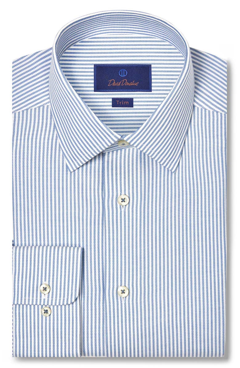 David Donahue Trim Fit Pinstripe Cotton & Cashmere Twill Dress Shirt, Main, color, White/ Blue