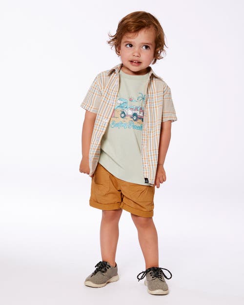 Deux Par Deux Little Boy's Short Sleeve Button Down Shirt Beige And Sage Plaid In Beige And Sage Plaid