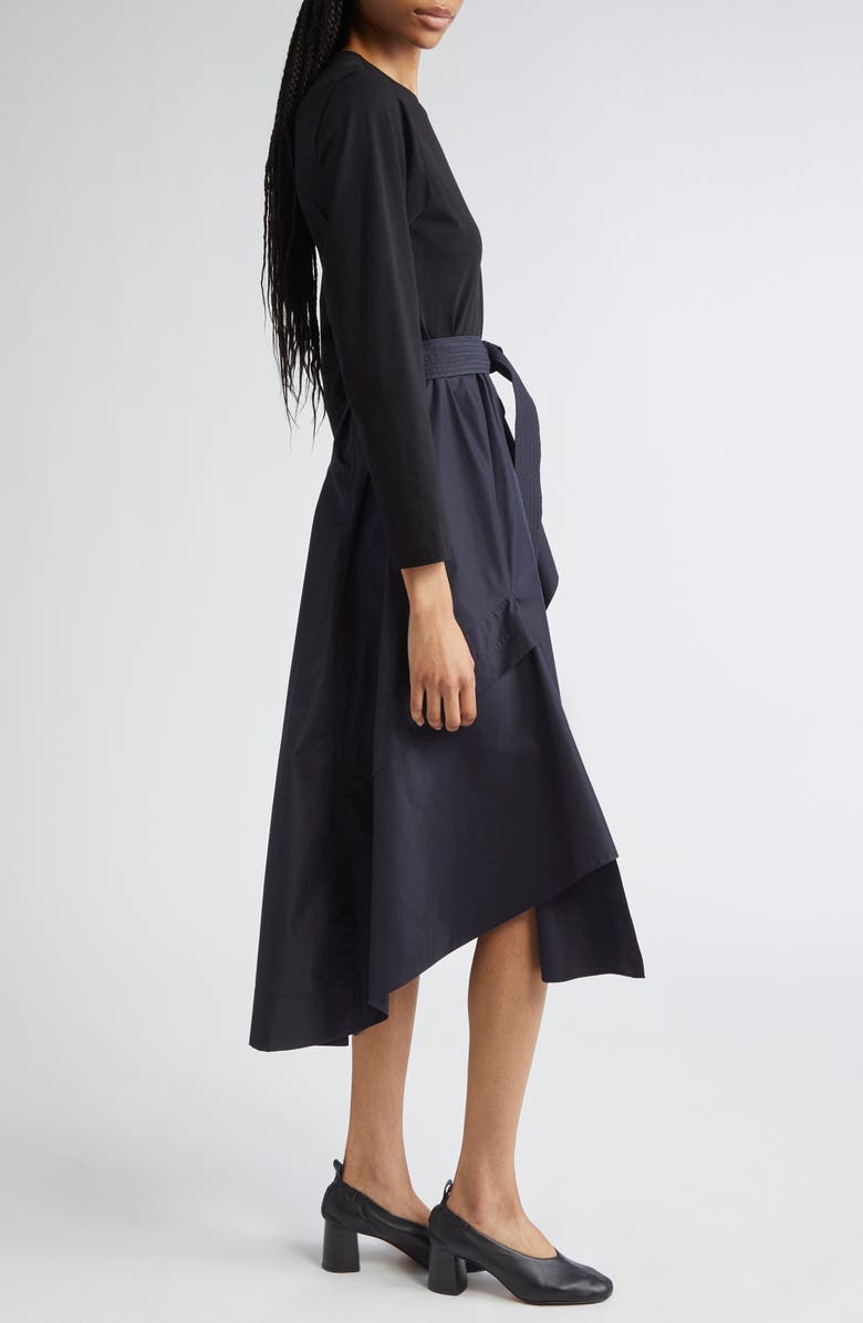 3.1 Phillip Lim Mixed Media Long Sleeve Handkerchief Hem Cotton Blend Dress, Alternate, color, Black/ Midnight