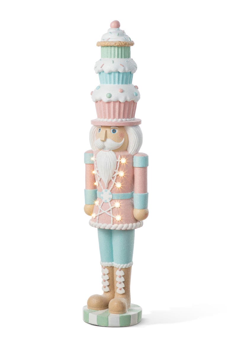28"H Lighted Macaron Resin Cupcake Nutcracker Porch Decor, Main, color, Pink
