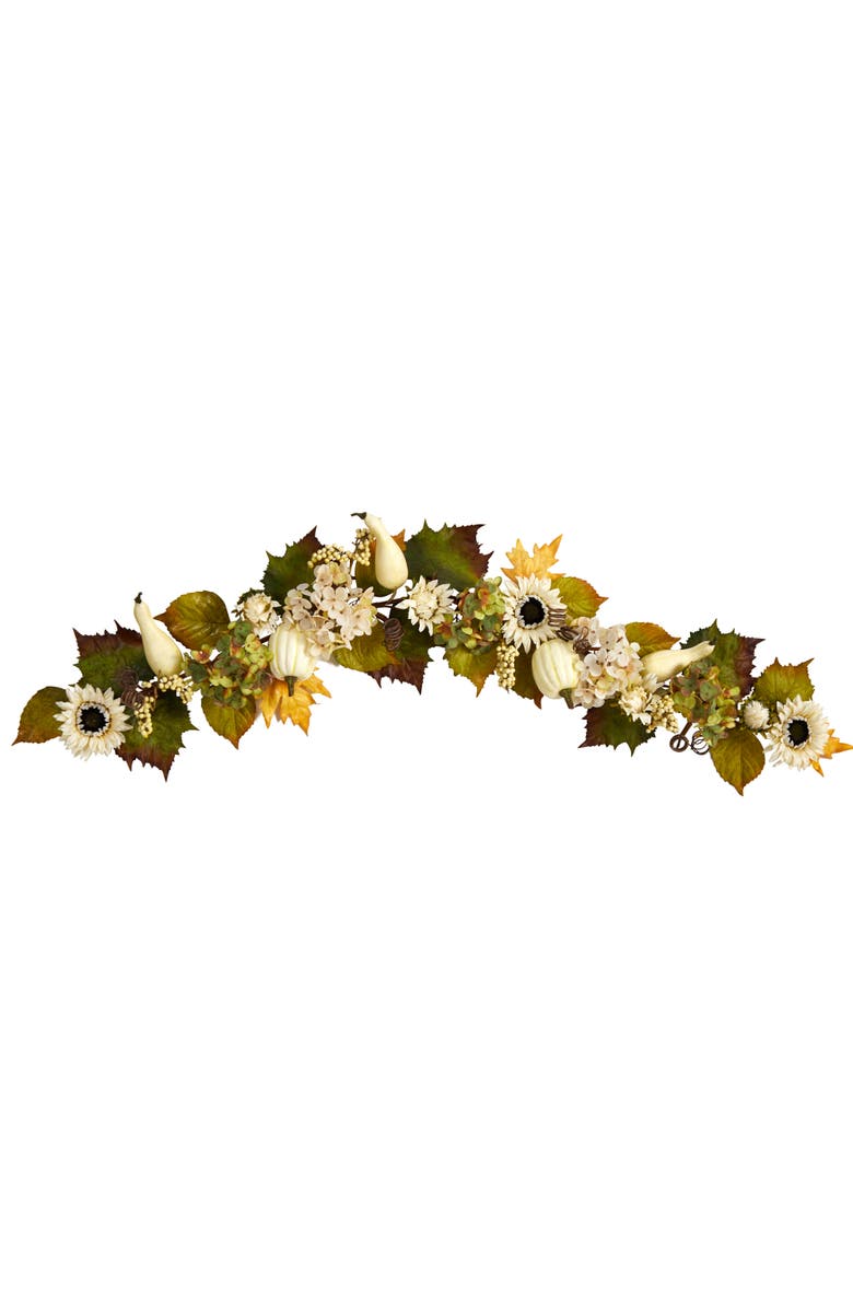 NEARLY NATURAL 5-ft Fall Sunflower, Hydrangea and White Pumpkin Artificial Autumn Garland, Main, color, Green