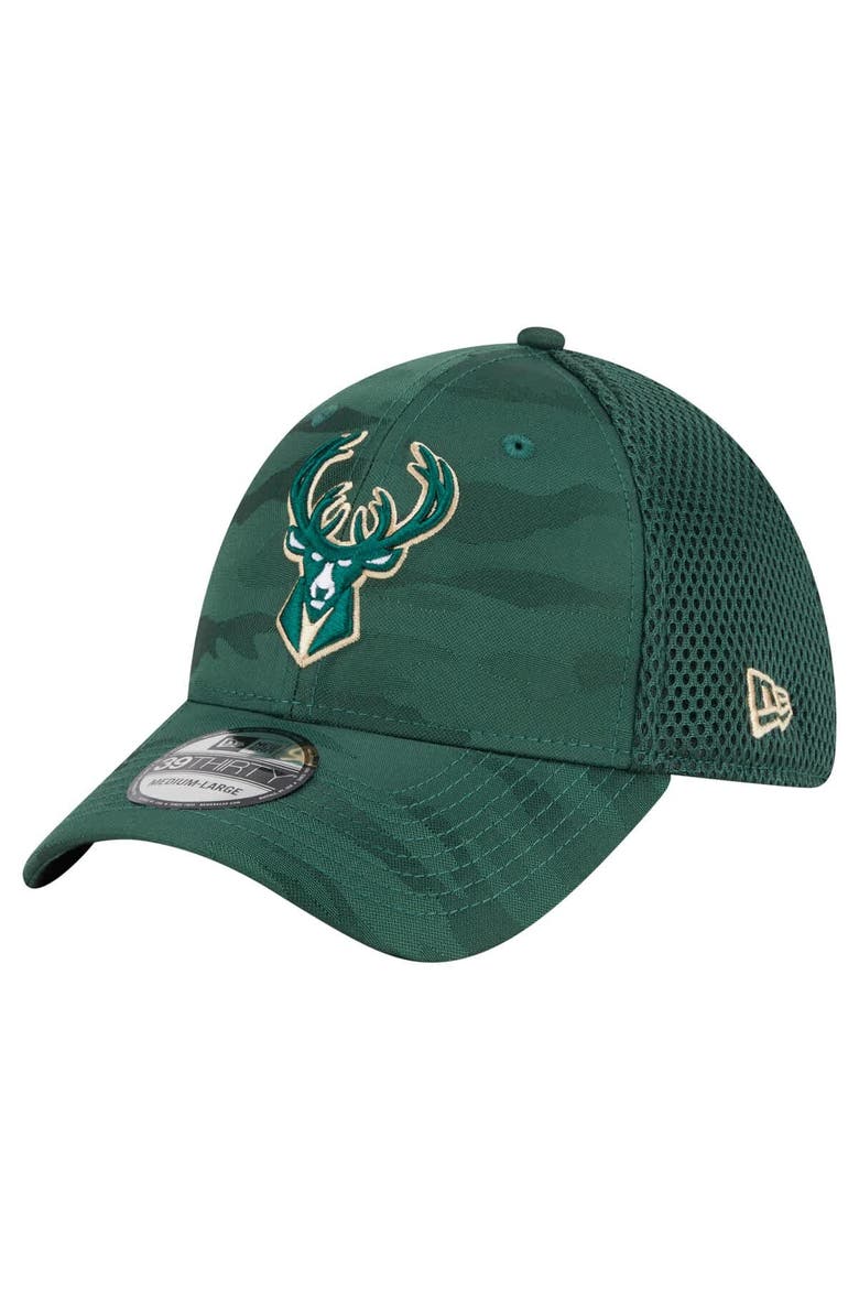 Men's New Era  Hunter Green Milwaukee Bucks Subtle Camo 39THIRTY Flex Hat, Alternate, color, Hunter Green