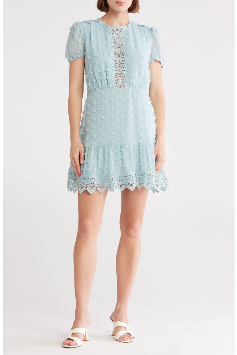 Romee Puff Sleeve Lace Trim Clip Dot Minidress, Main, color, SAGE
