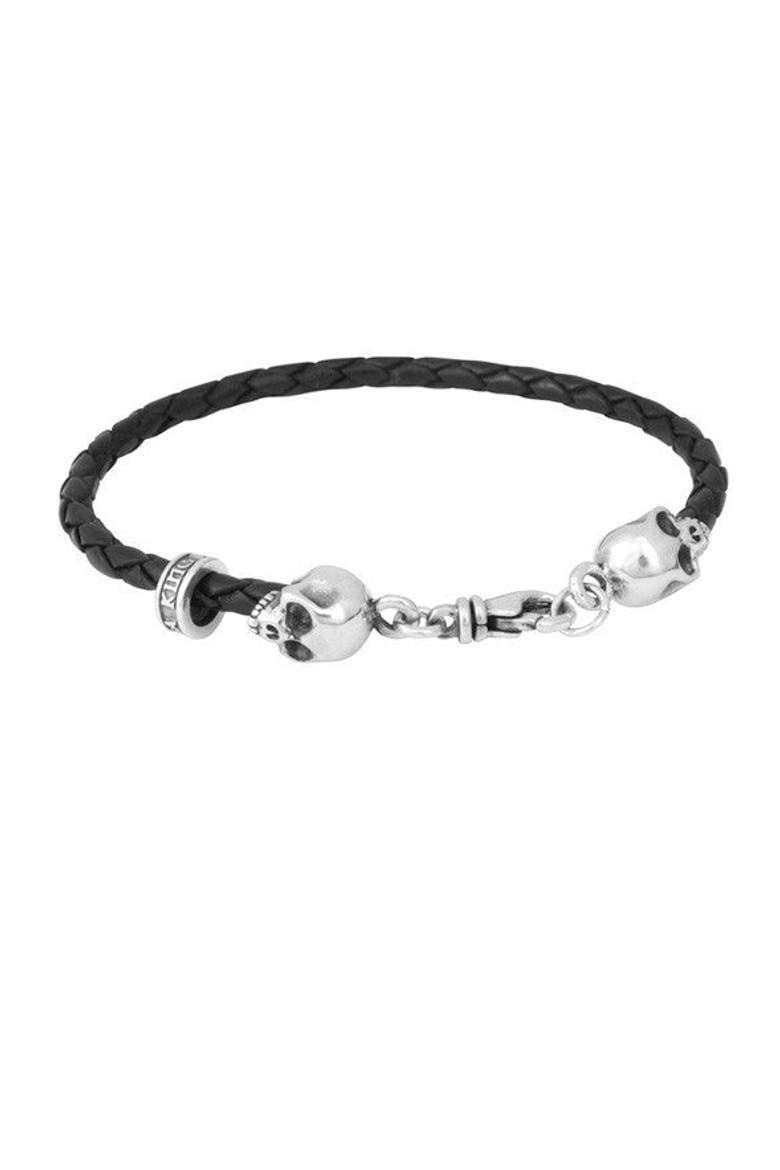 Thin Braided Leather Skull Bracelet, Main, color, Silver