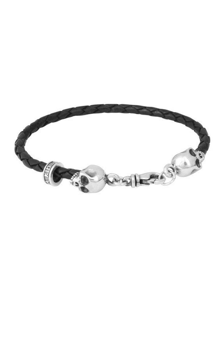 King Baby Studio Thin Braided Leather Skull Bracelet, Main, color, Silver