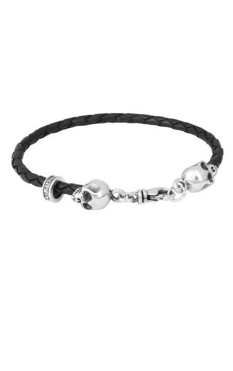 Thin Braided Leather Skull Bracelet