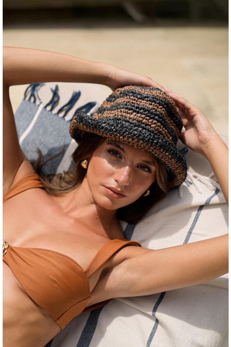 Brigitte Handwoven Raffia Sun Hat in Brown and Black, Alternate, color, Brown