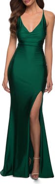 La Femme V Neck Jersey Fitted Prom Dress with Tie Up Back