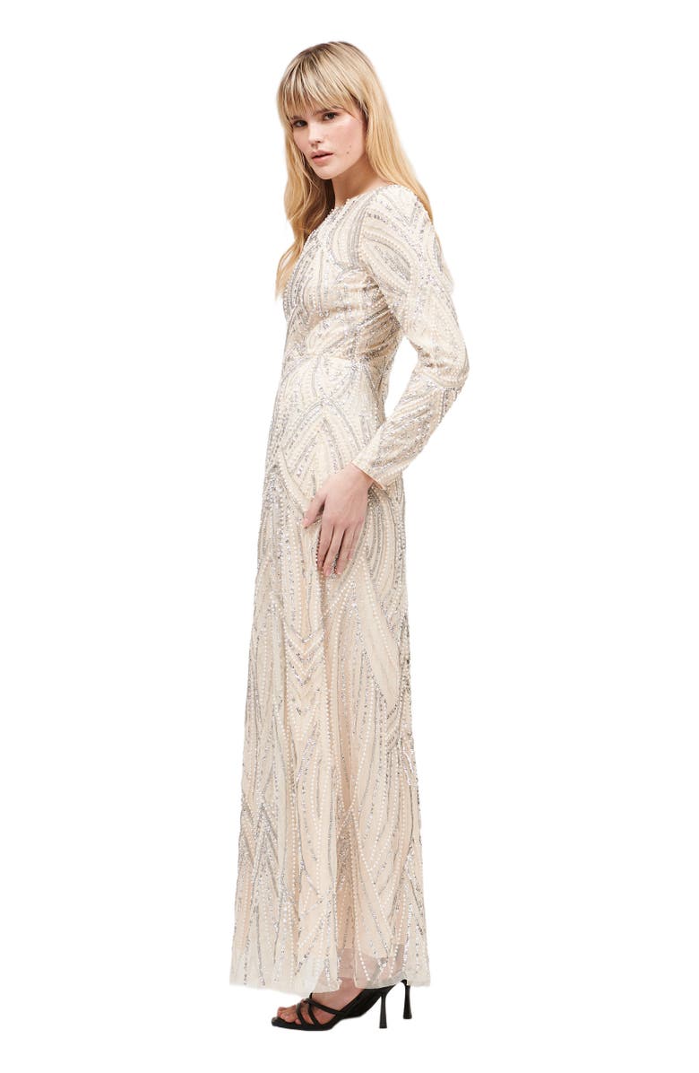 MARYISA Modest Embellished Sequin Beaded Maxi Dress, Alternate, color, Cream
