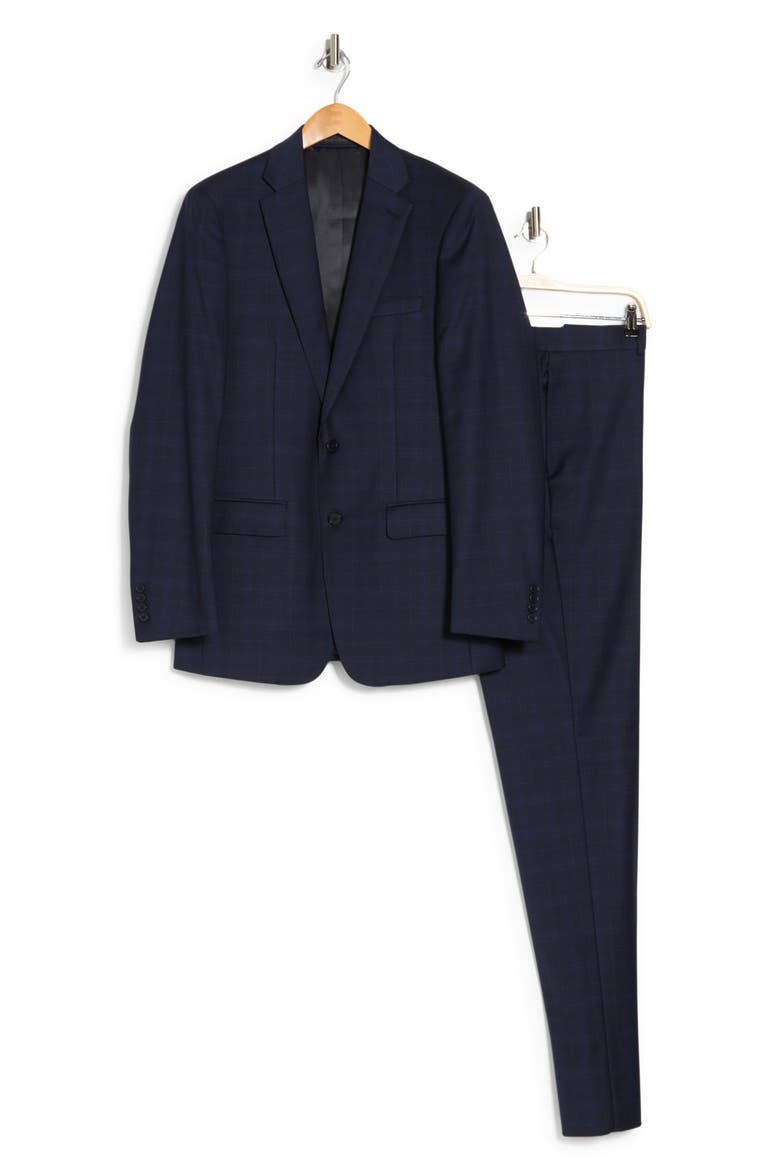 Plaid Print Two Button Notch Lapel Wool Blend Suit, Main, color, NAVY