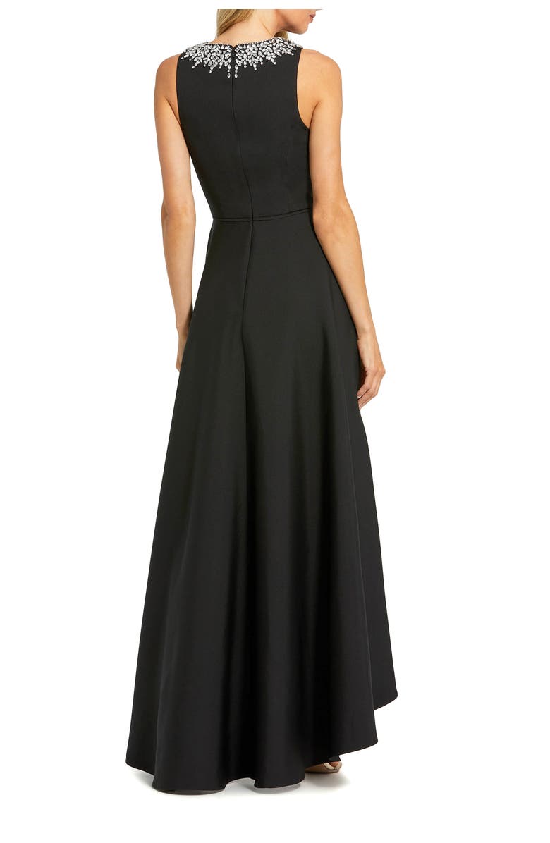 Mac Duggal Petite Crepe Embellished Neck High Low Gown, Alternate, color, Black