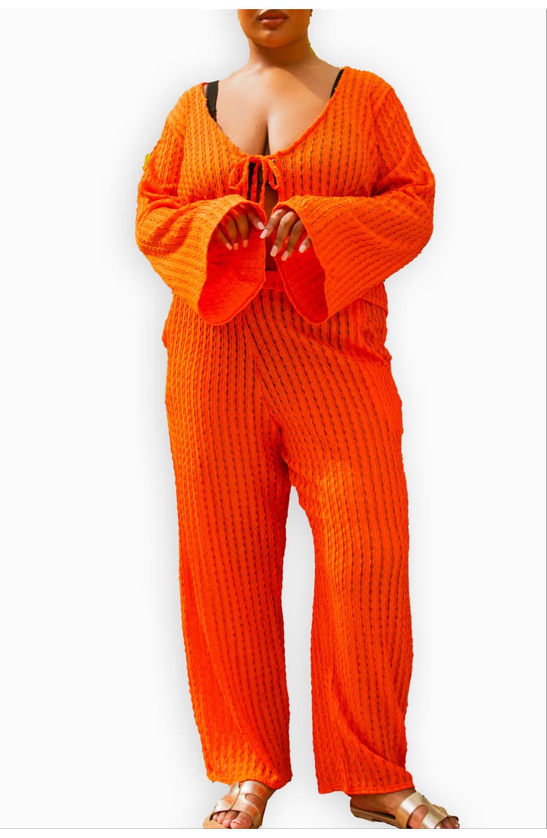 FASHION-SZN CURVE Curve Crochet Tie Front Flare Sleeve Top, Main, color, Orange