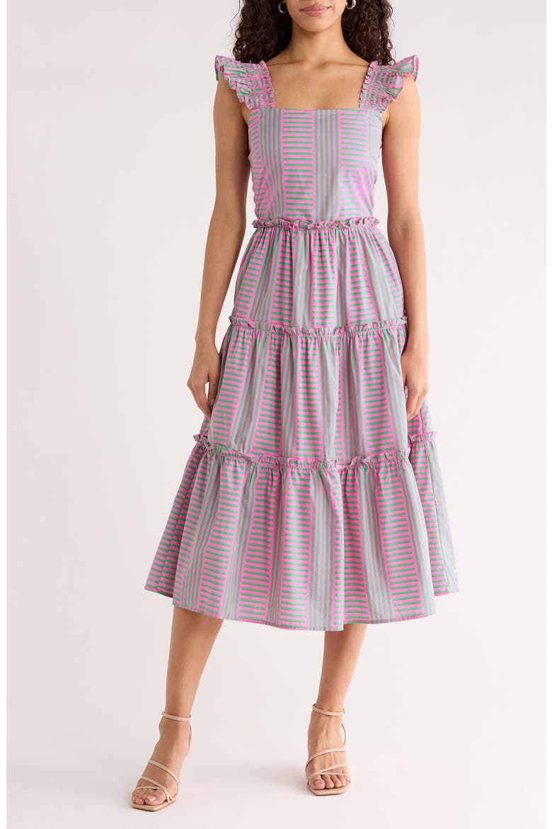 Valda Mixed Stripe Tiered Cotton Sundress, Main, color, PINK-GREEN-MULTI