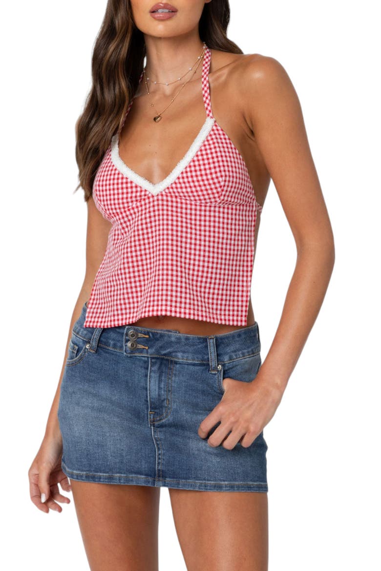 Charmaine Gingham Open Back Halter Top, Main, color, RED