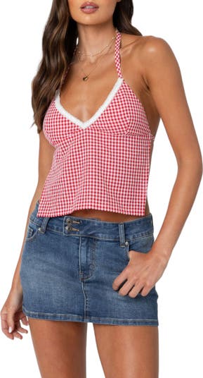 EDIKTED Charmaine Gingham Open Back Halter Top | Nordstrom