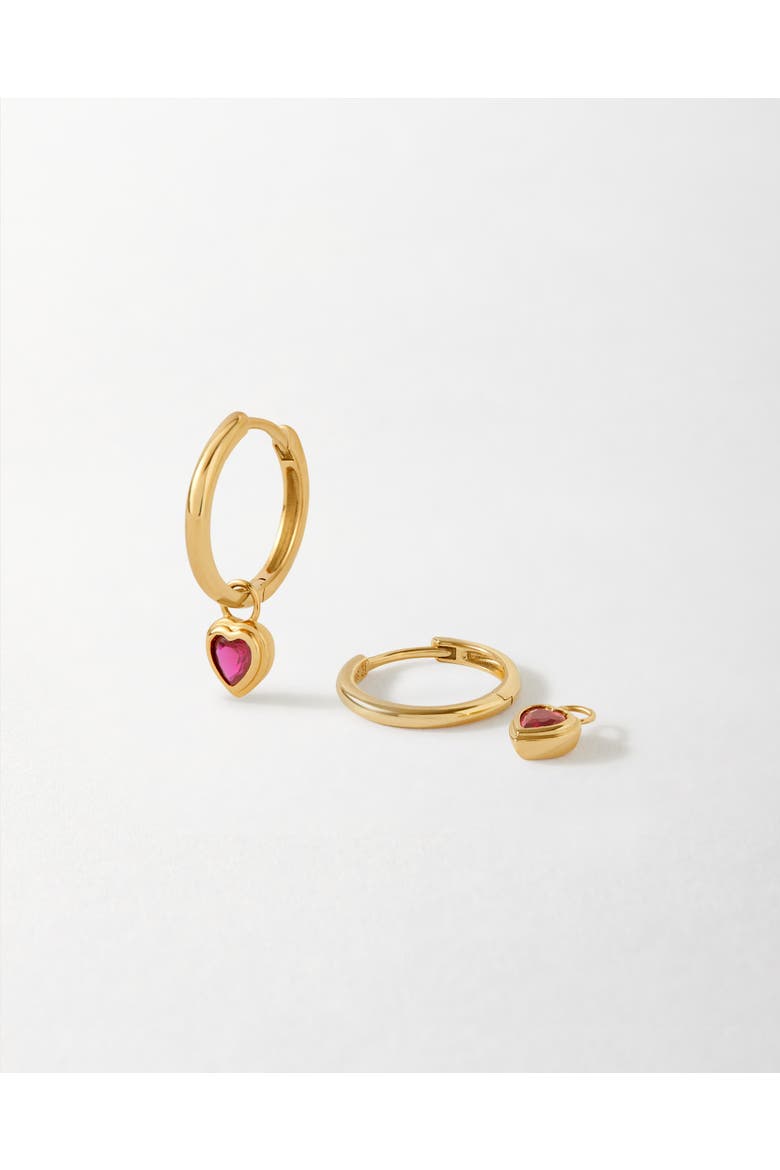 Solid Gold Heart Ruby Hoop Earrings, Alternate, color, Metallic Gold