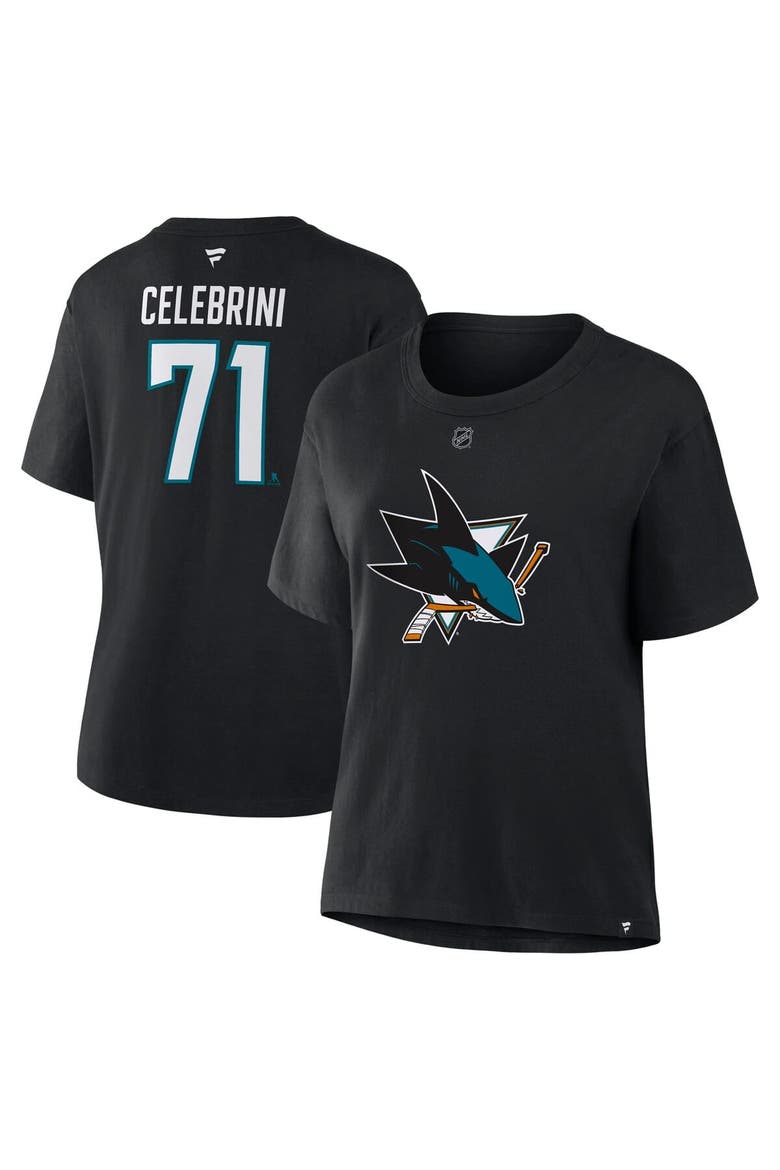 Women's Fanatics Macklin Celebrini Black San Jose Sharks Authentic Stack Name & Number T-Shirt, Main, color, Black